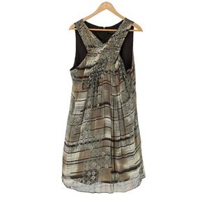 Vintage Silk Beaded Midi Dress Brown Pattern Sleeveless Y2K Formal Sz‎ 18 Boho